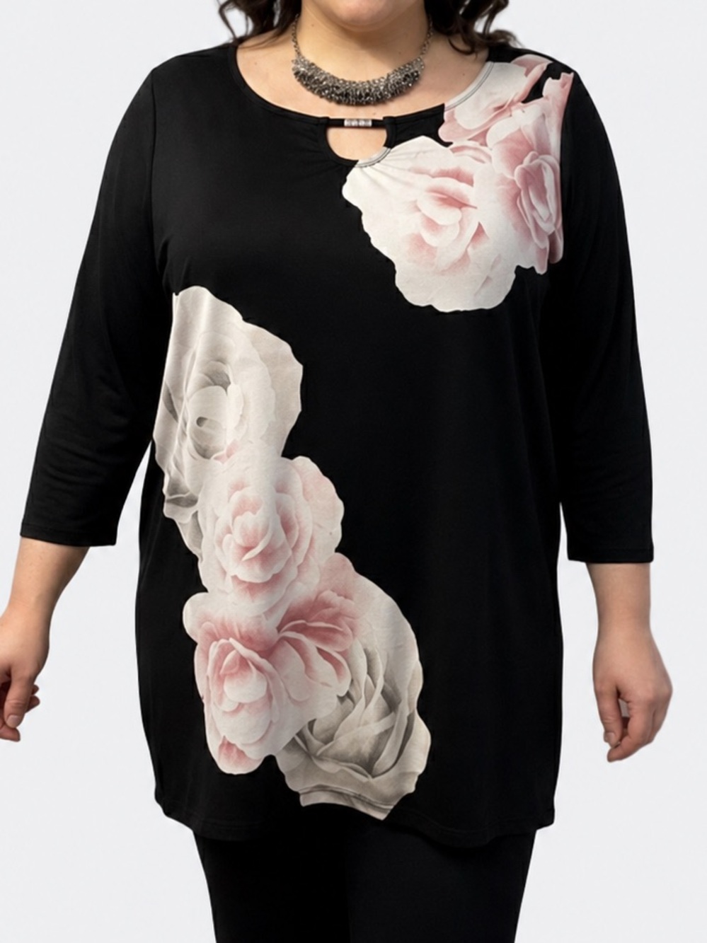 George Black Floral Top 3/4 Sleeve Crystal Accent 1X